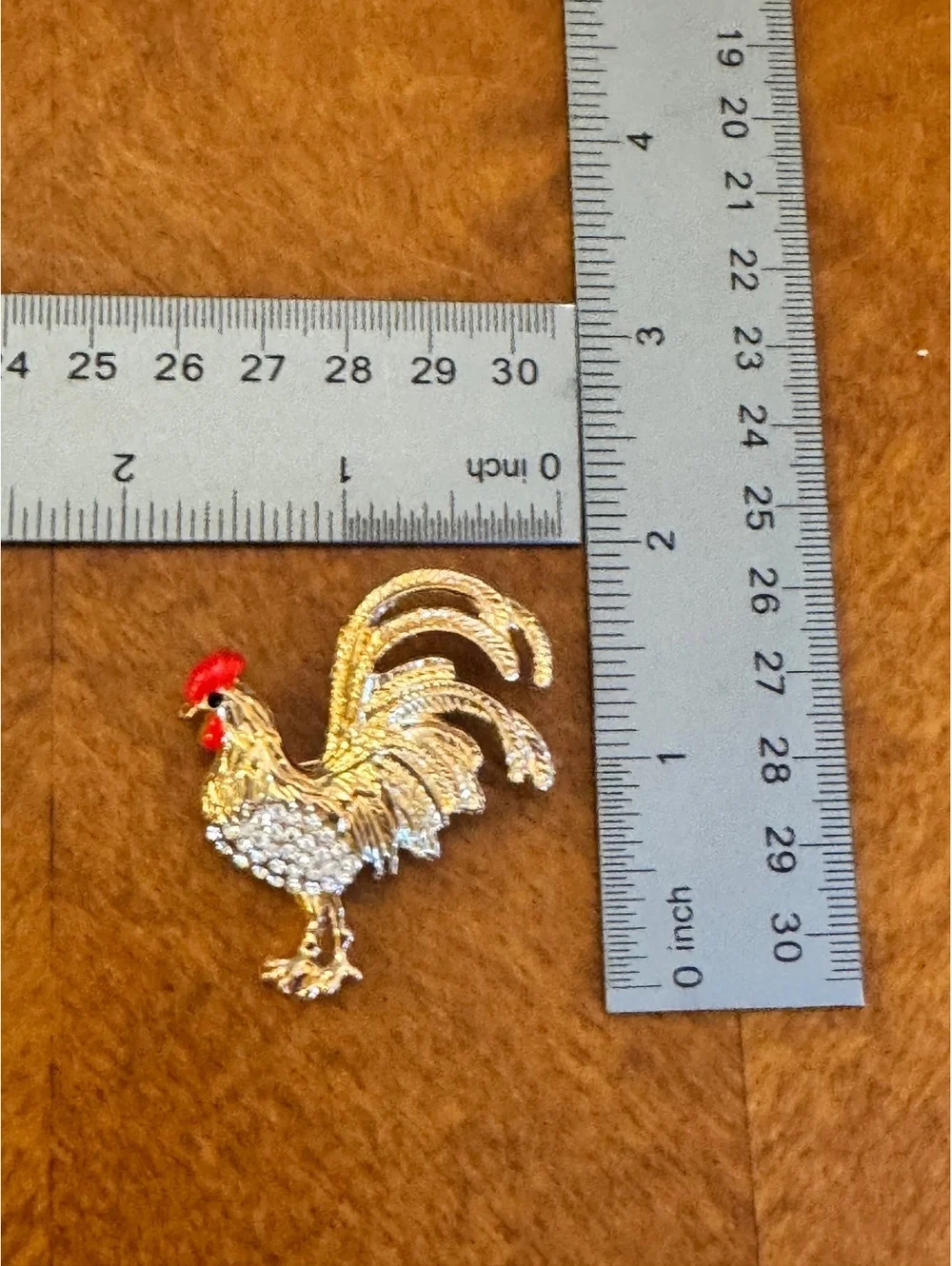 Gold-Tone Rooster Brooch with Rhinestones and Red Enamel Accent 513